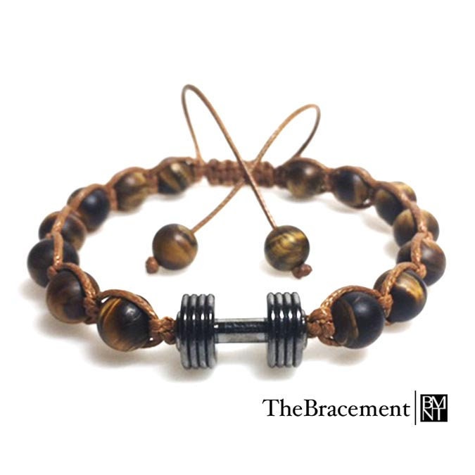 Handgefertigte Hantel Makramee Verstellbare Perlen Armband - 8 Mm Runde Frosted Tigerauge Edelsteine Gunmetal Legierung Anhänger Handgefertigte Hantel Makramee Verstellbare Perlen Armband - 8 Mm Runde Frosted Tigerauge Edelsteine Gunmetal Legierung Anhänger von TheBracement