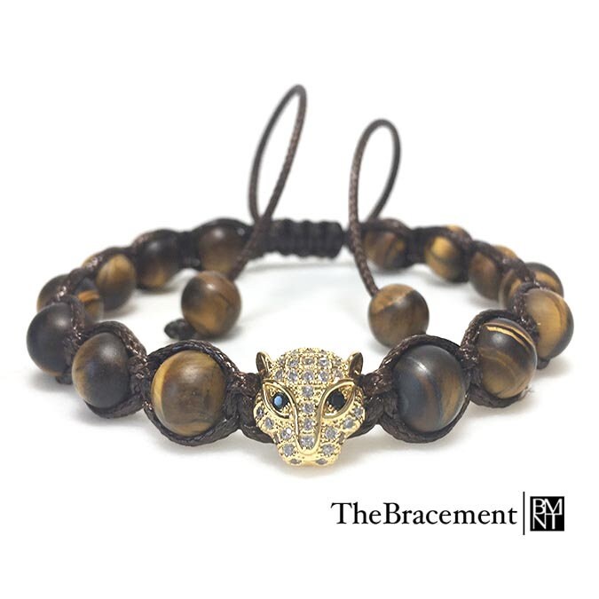 Handgefertigte Leopard Makramee Verstellbare Perlen Armband - 8 Mm Runde Gefrostet Tigerauge Edelstein Micro Pave Cz Gold Tone Charme Handgefertigte Leopard Makramee Verstellbare Perlen Armband - 8 Mm Runde Gefrostet Tigerauge Edelstein Micro Pave Cz Gold Tone Charme von TheBracement