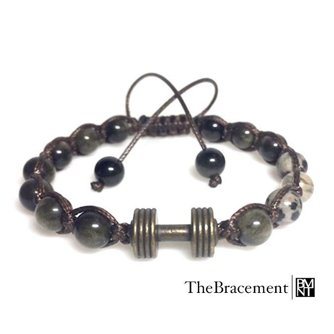 Handgefertigtes Hantel Makramee Verstellbares Perlen Armband - 8 Mm Goldener Obsidian, Dalmatiner Jaspis, Gelber Quarz Antiker Messing Anhänger Handgefertigtes Hantel Makramee Verstellbares Perlen Armband - 8 Mm Goldener Obsidian, Dalmatiner Jaspis, Gelber Quarz Antiker Messing Anhänger von TheBracement