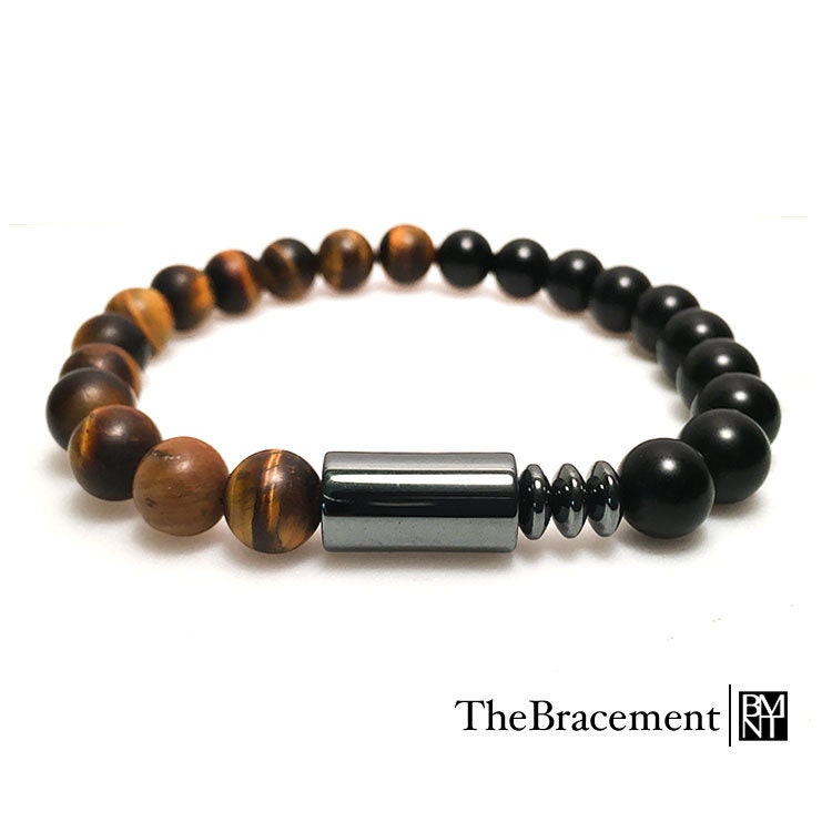 Handgemachte Säule Perlen Stretch Armband - 8 Mm Rund Gefrostetes Natürliches Tigerauge, Schwarze Achat Edelsteine Hämatit Gunmetal Column Charm Handgemachte Säule Perlen Stretch Armband - 8 Mm Rund Gefrostetes Natürliches Tigerauge, Schwarze Achat Edelsteine Hämatit Gunmetal Column Charm von TheBracement