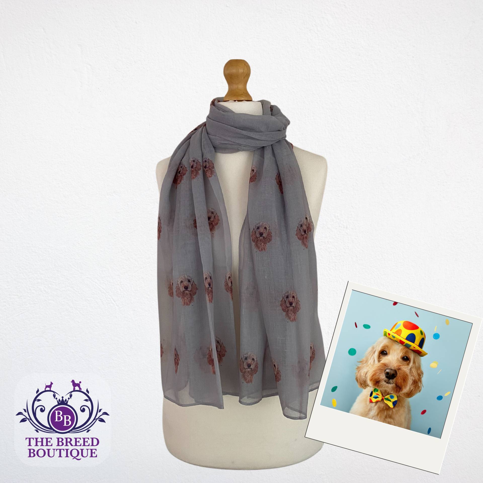 Cockapoo Dog Print Damen Schal in Creme Und Grau Erhältlich von TheBreedBoutique