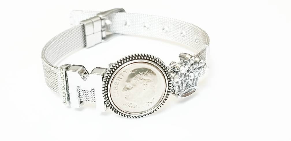 60. Geburtstag Geschenk 1964 1965 1966 Dime Edelstahl Mesh Slide Bettelarmband Geburt Jahr Geburtsdatum Münze Einstellbar von TheBrightPenny
