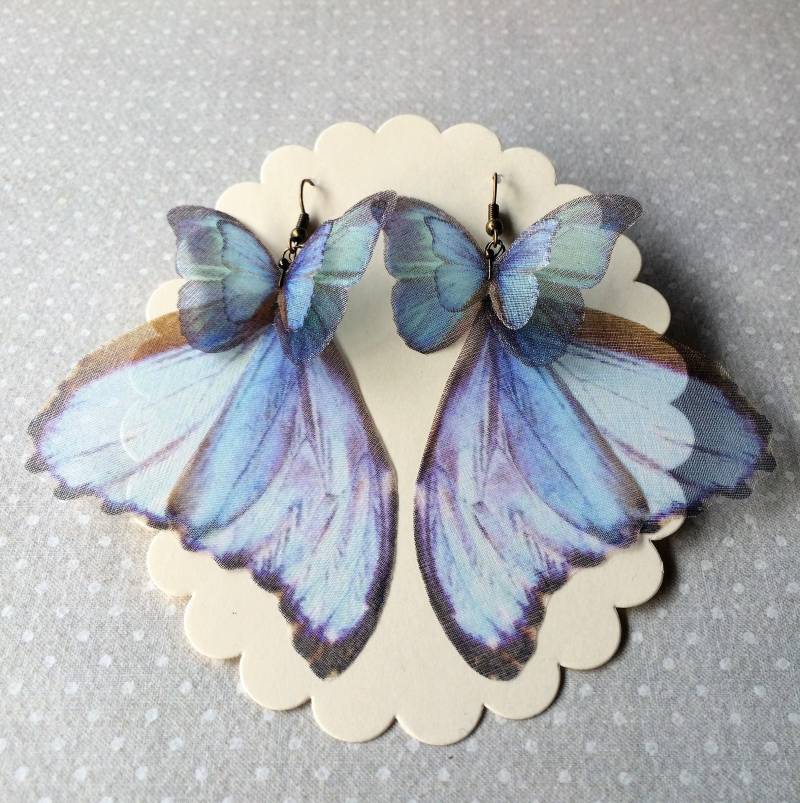 Schmetterling Ohrringe, Flügel Morpho Blau, Blaue Seide Schmetterling, Organza Stoff von TheButterfliesShop