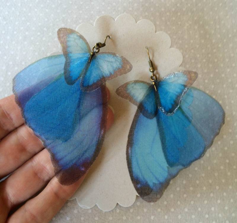 Schmetterling Ohrringe, Morpho Schmetterling, Flügel Seidenorganza, Seide Organza Blauer von TheButterfliesShop