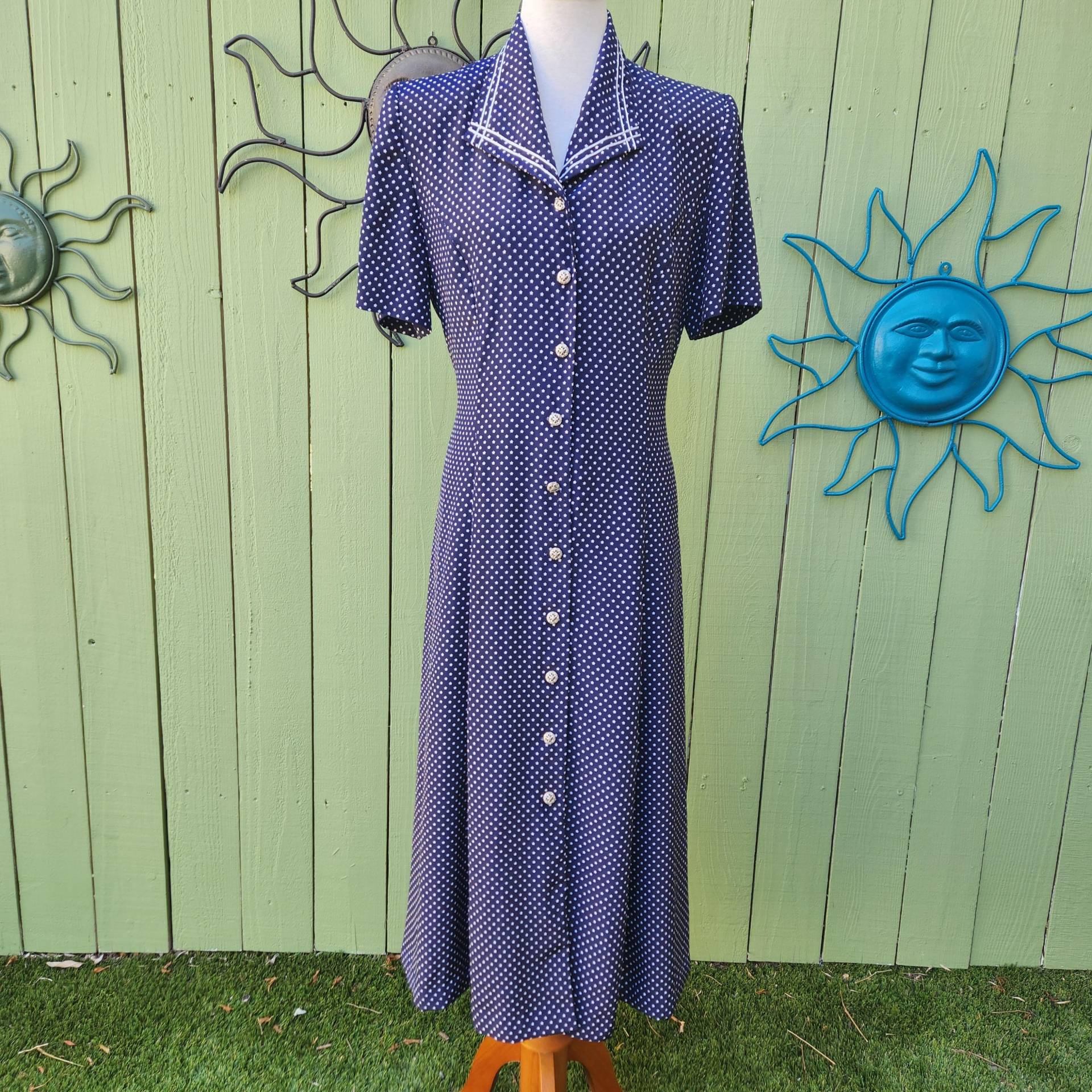 Vintage 1980Er 1990Er Leslie Fay Navy Blaues Kleid Mit Sternenmuster von TheCaravanCo