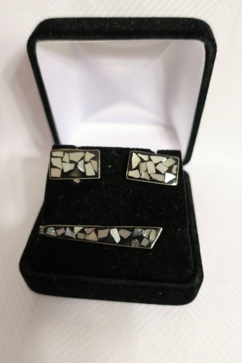 Jahrgang 925 Sterling Silber Reuven Israel Mosaik Manschettenknöpfe Und Krawatte Clip Set von TheConsummateImage