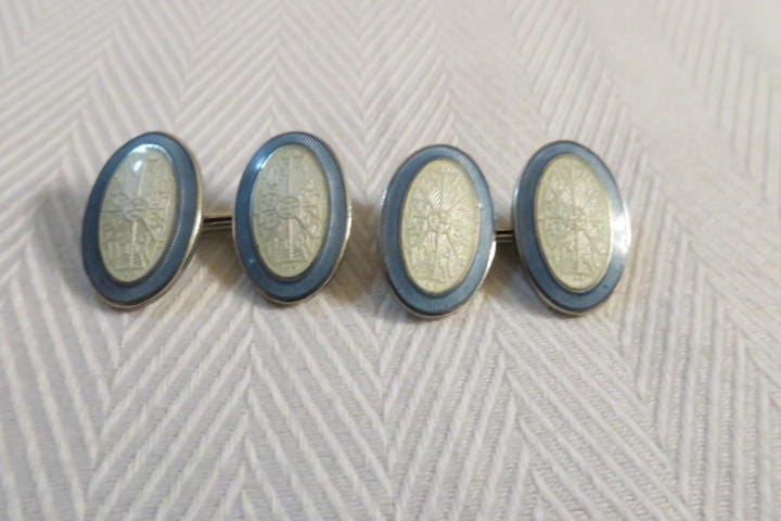 Jugendstil Art Deco Sterling Silber Weiß Gilliouche & Columbia Blau Emaille Manschettenknöpfe von TheConsummateImage