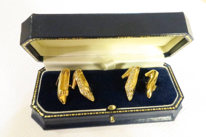 Seltene Art Deco Gold Gefüllt Chrystal High Heel Pumpe Schuh Manschettenknöpfe W/Leatherette Präsentation Fall von TheConsummateImage