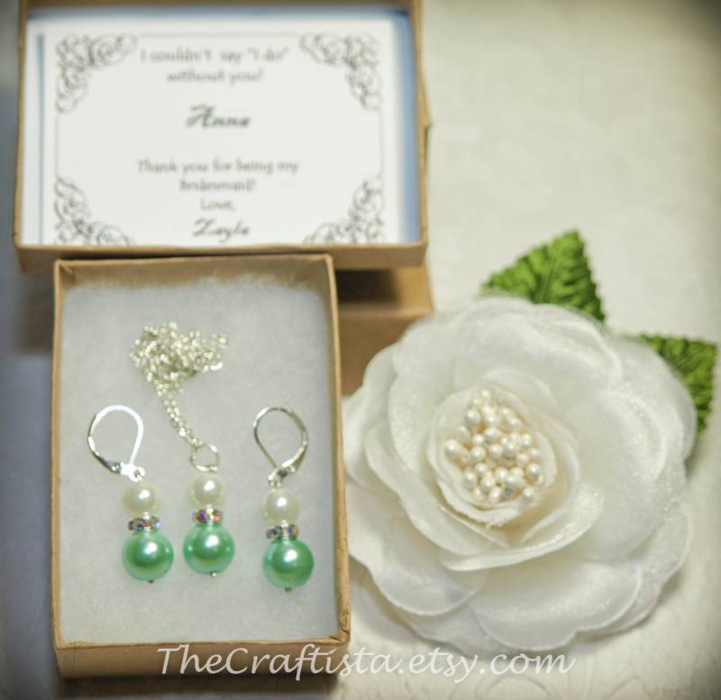 Personalisierte Brautjungfern Perlen Ohrringe Und Halsketten Set - Mintgrüne Mintgrünes/Geschenk von TheCraftista