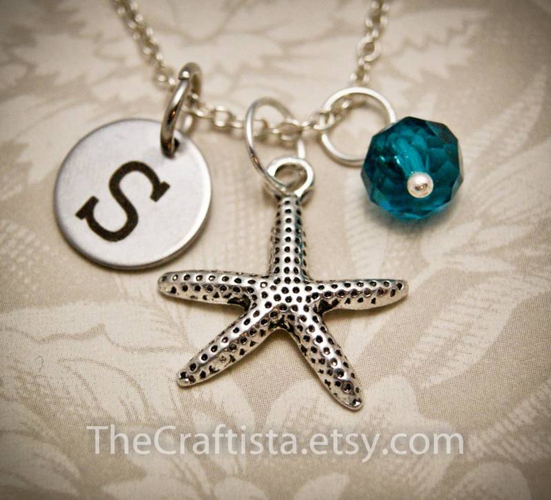 Personalisierte Seestern Kette Mit Initial Und Geburtsstein, Halskette, Charm, Schmuck, Strand Hochzeit, Blumen Mädchen von TheCraftista