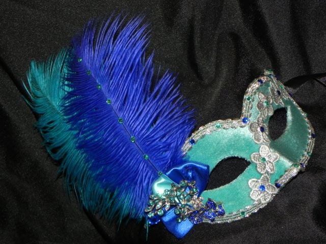 Spitze Und Federn Karnevalsmaske in Royal Blue, Aqua Silber Spitze Und Federn Karnevalsmaske in Royal Blue, Aqua Silber von TheCraftyChemist07