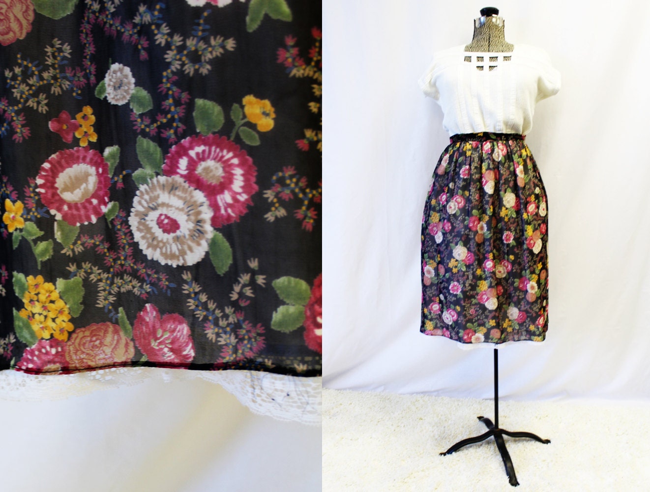 Plus Größe - Vintage 1960Er Jahre Schwarz Floral Chiffon Spitze Trim Rock | Größe 13/14 Plus Größe - Vintage 1960Er Jahre Schwarz Floral Chiffon Spitze Trim Rock | Größe 13/14 von TheCurvyElle