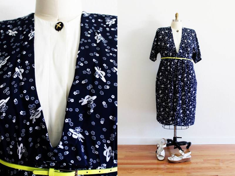 Plus Größe - Vintage Marine & Weiß Gedruckt Shirt Kleid | Größe 14 von TheCurvyElle