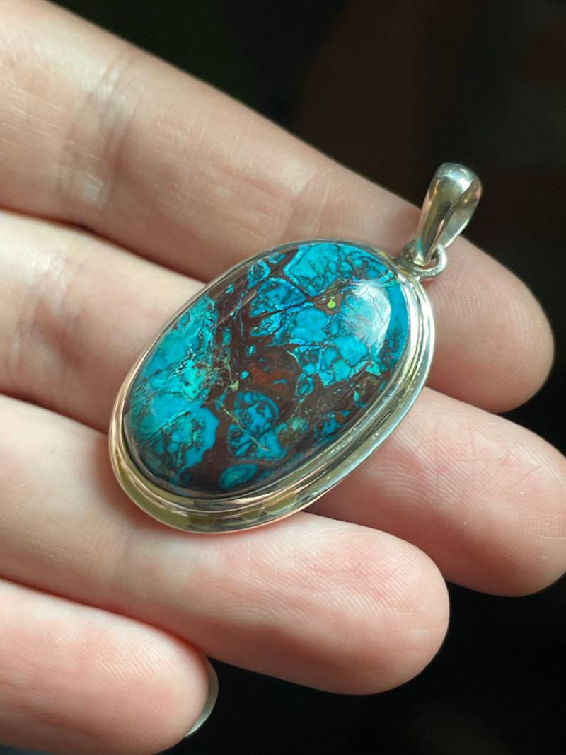 Chrysokoll Anhänger - Sterling Silber Halskette Dezember Geburtsstein Schmuck Moldavit von TheDesertGoddess