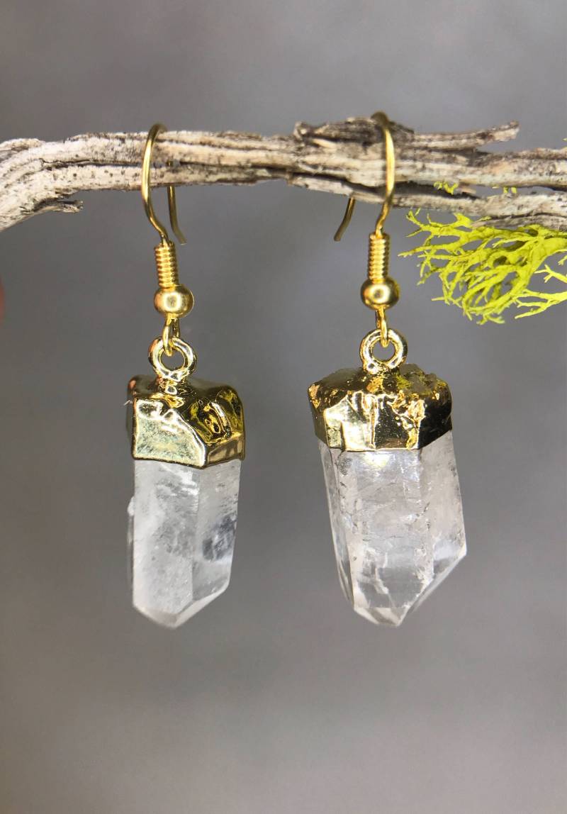 Klare Quartz Point Ohrringe-Gold Plünderungen-April-Steinschmuck-Klarer Steinschmuck-Vogelschmuck Aus Stein-Moldavite von TheDesertGoddess