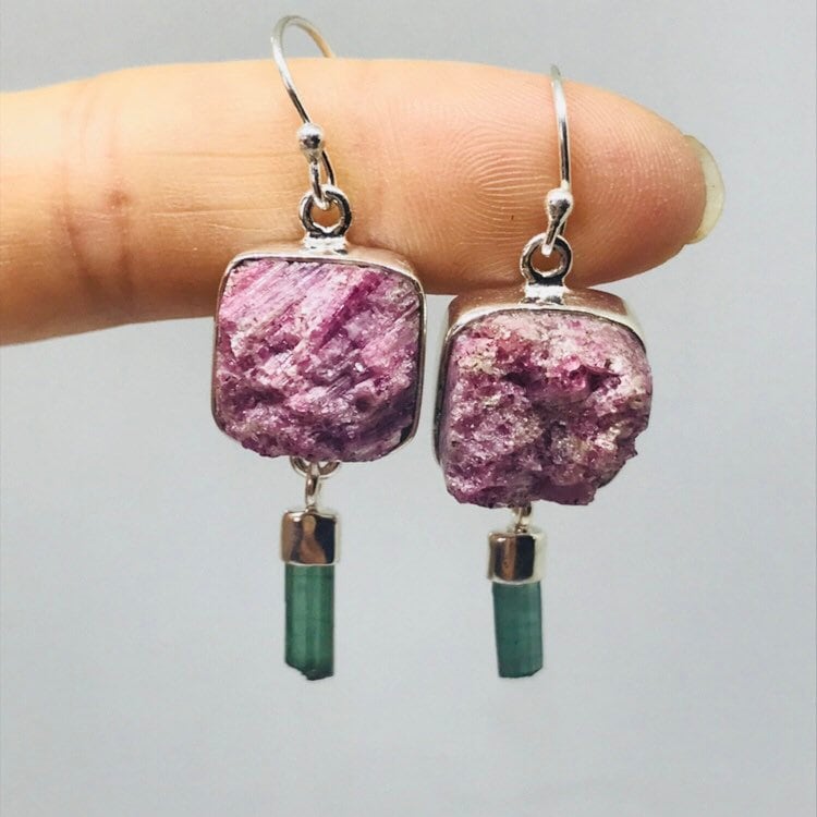 Pink & Green Tourmaline Earrings-Sterling Silver-October Birthstone-Tourmaline Schmuck-Pink Stone Jewelry-Moldavite von TheDesertGoddess
