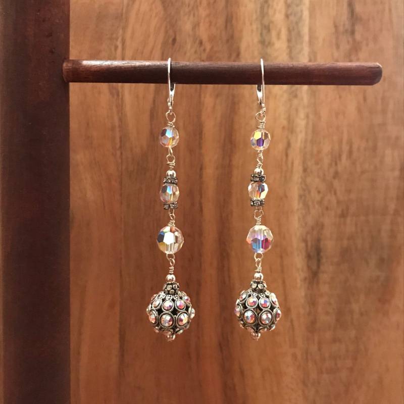 Ab Swarovski Crystal Filigrane Kugel Ohrringe Mit Runde Perlen & Rotguss Rondellen, Sterling Silber, Boho, Boho von TheDiligentBohemian