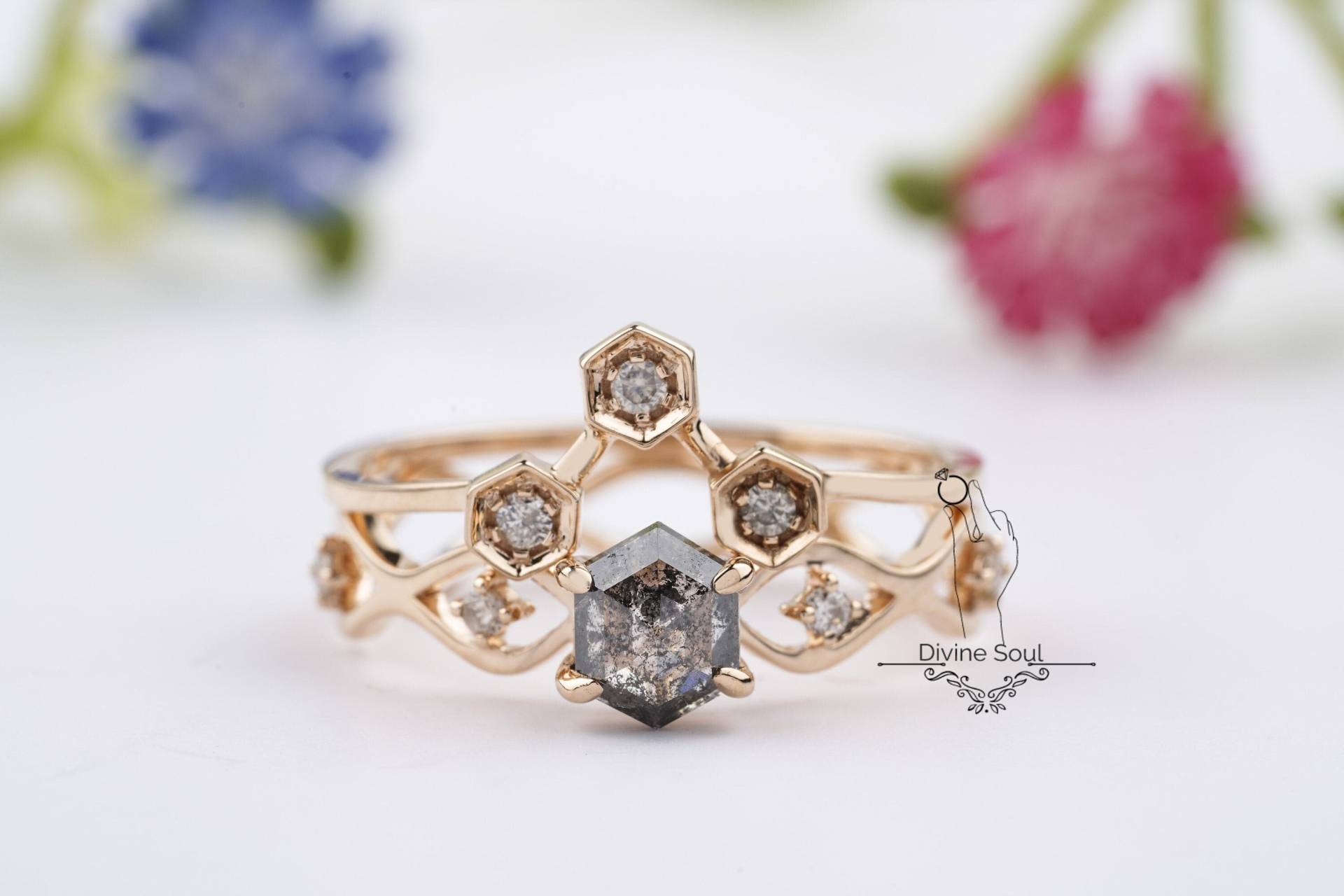 Antik Vintage Gold Ring Set | Roher Sechseckiger Diamantring in 14 Kt Roségold Für Verlobungsring/Ehering von TheDivineSoulCo