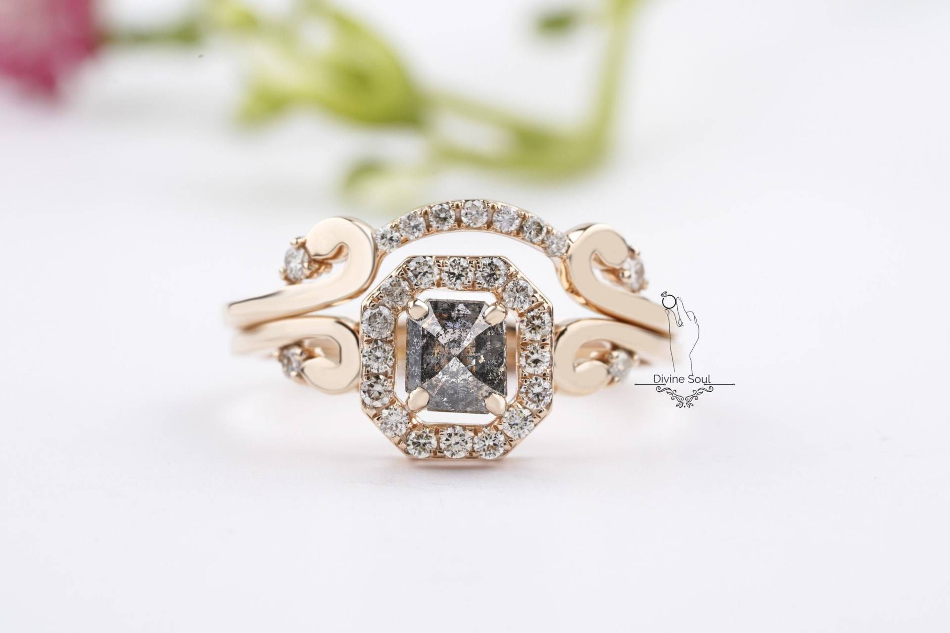 Halo Diamant Ring Set | Kissen Salz Und Pfeffer Verlobungsring 14 Kt Gelbgold-Eheringe von TheDivineSoulCo