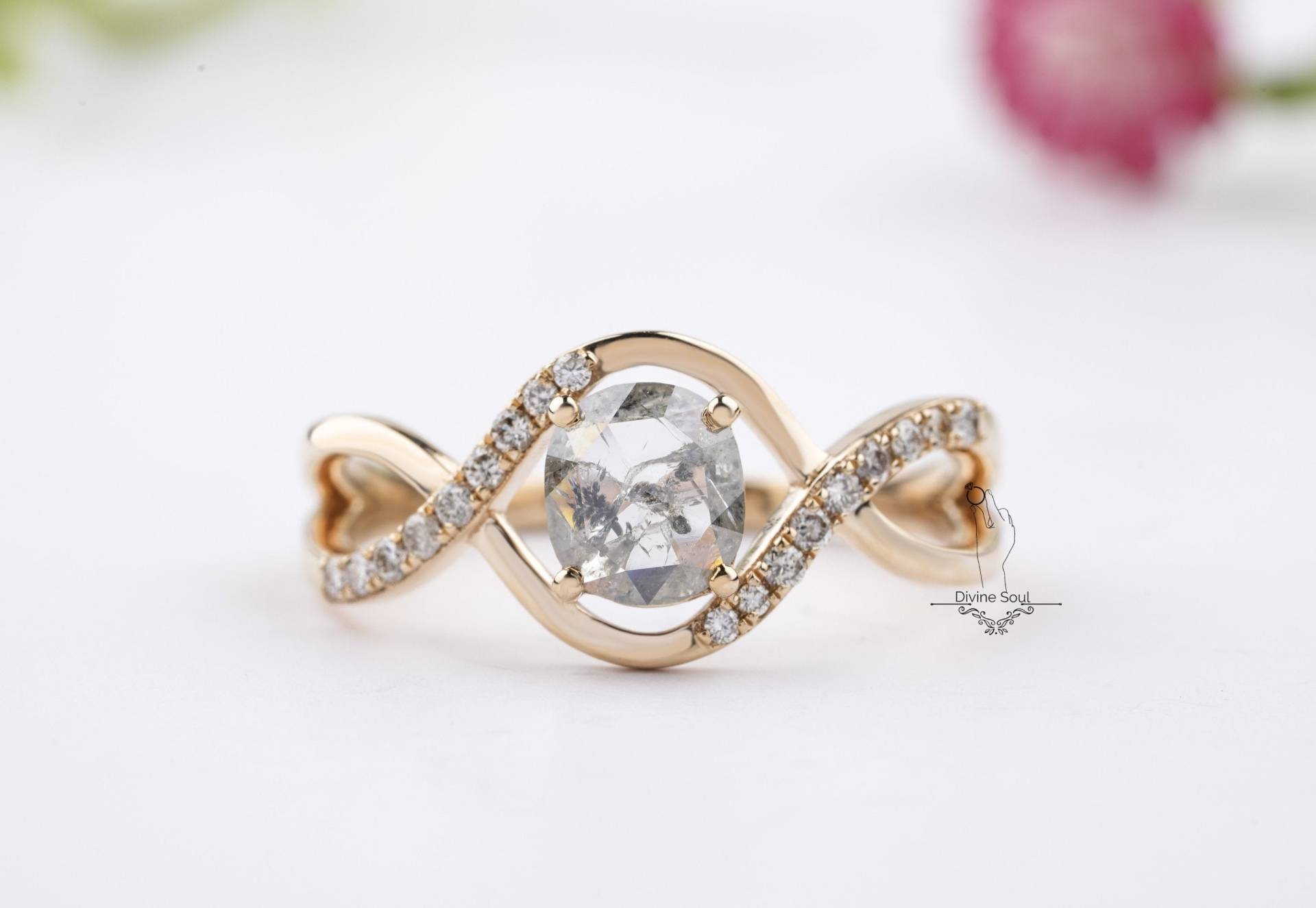 Oval Salz Und Pfeffer Infinity Diamant Ring | Solitär Verlobungsring Ineinander Verschlungener 14Kt Rose Gold Einzigartige Ehering von TheDivineSoulCo