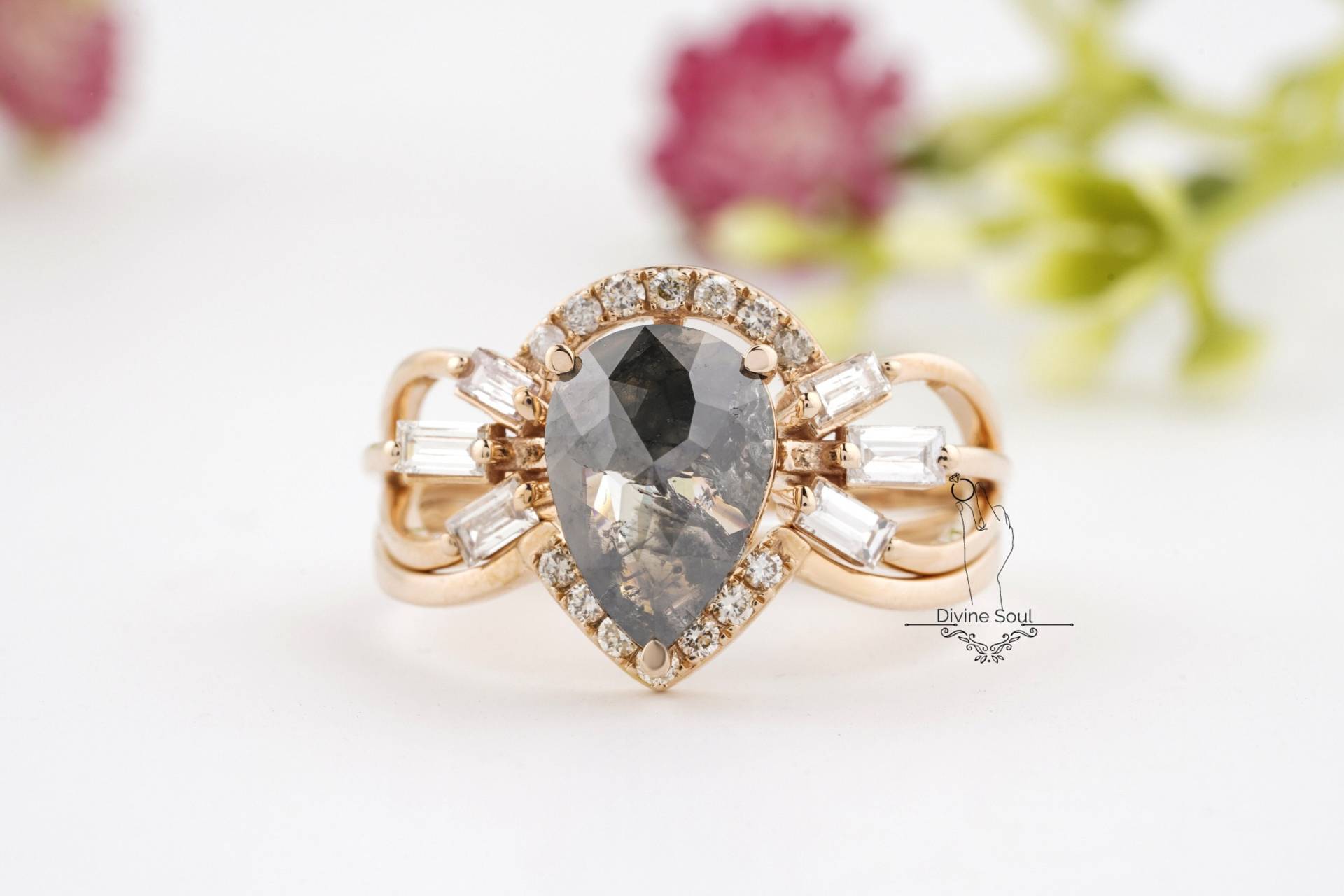 Salz Und Pfeffer Diamant Ring | Birne Baguette Vintage Verlobungsring 14Kt Roségold Unikat Ehering Roher Galaxy von TheDivineSoulCo