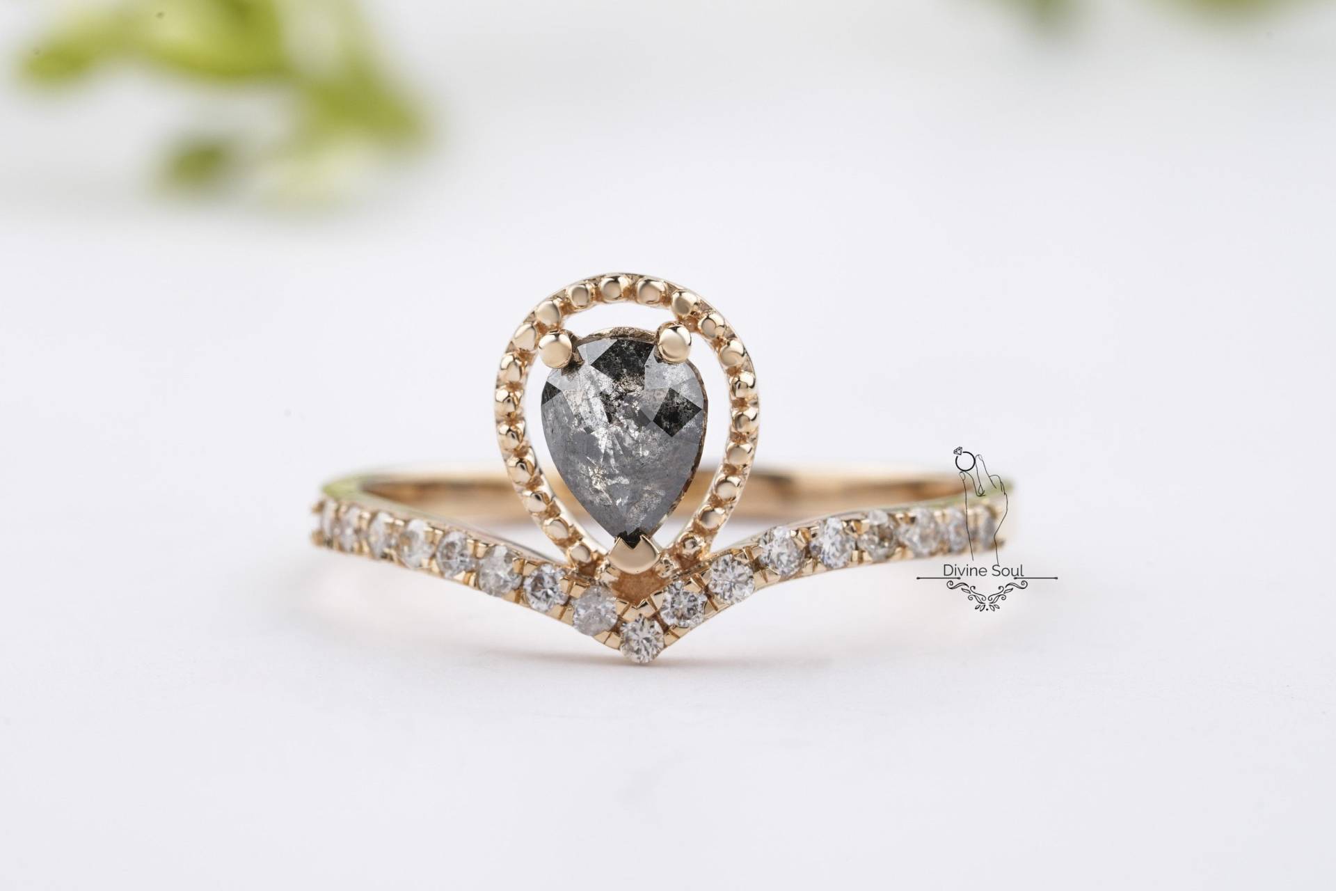 Salz Und Pfeffer Diamant Verlobungsring | Birne Vintage Ehering Einzigartige Versprechen Ring 14Kt Rose Gold Galaxy von TheDivineSoulCo