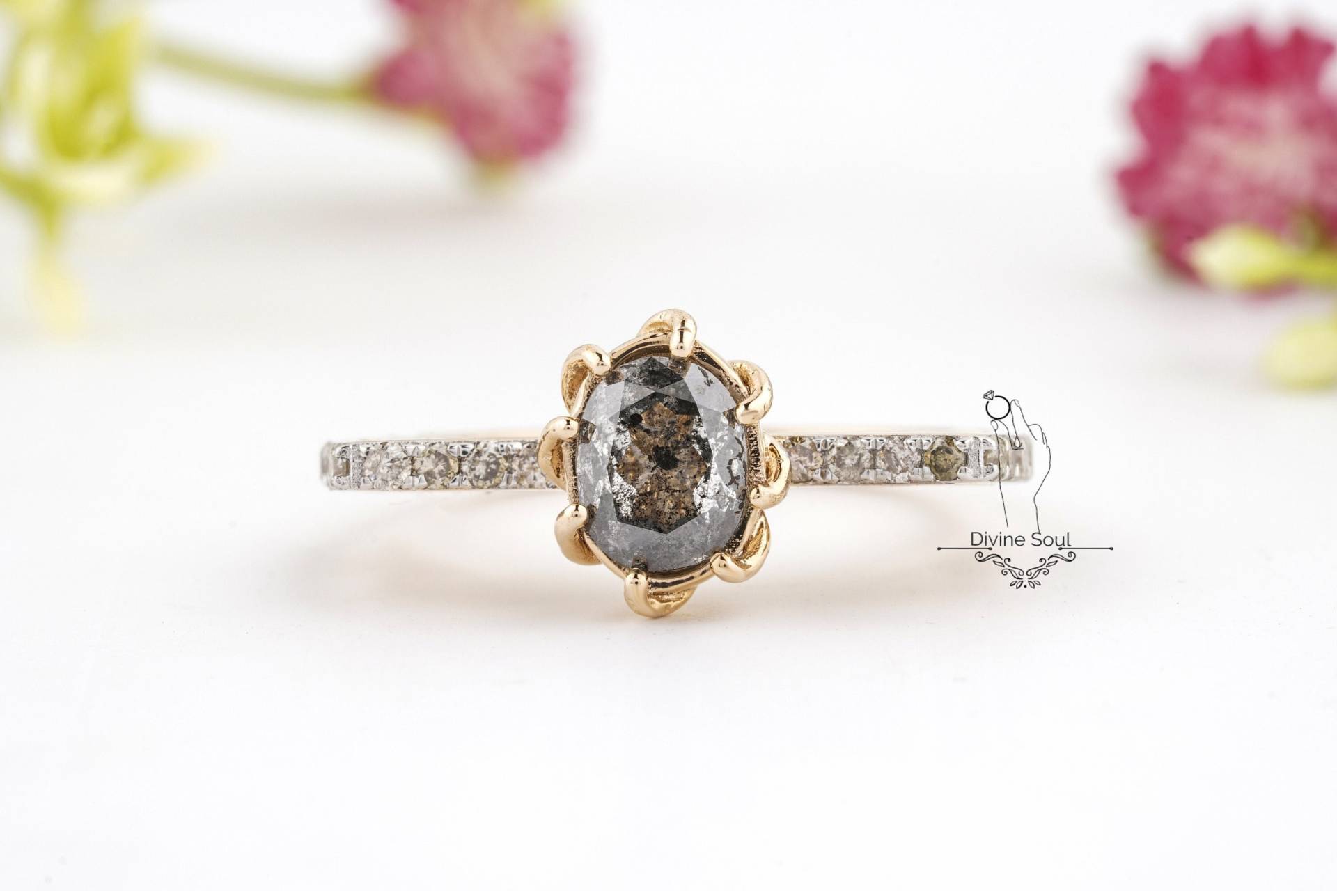 Salz Und Pfeffer Verlobungsring | Oval Diamantring Ehering 14Kt Rose Gold Ring Galaxie Diamant Einzigartige Ringband Versprechen von TheDivineSoulCo
