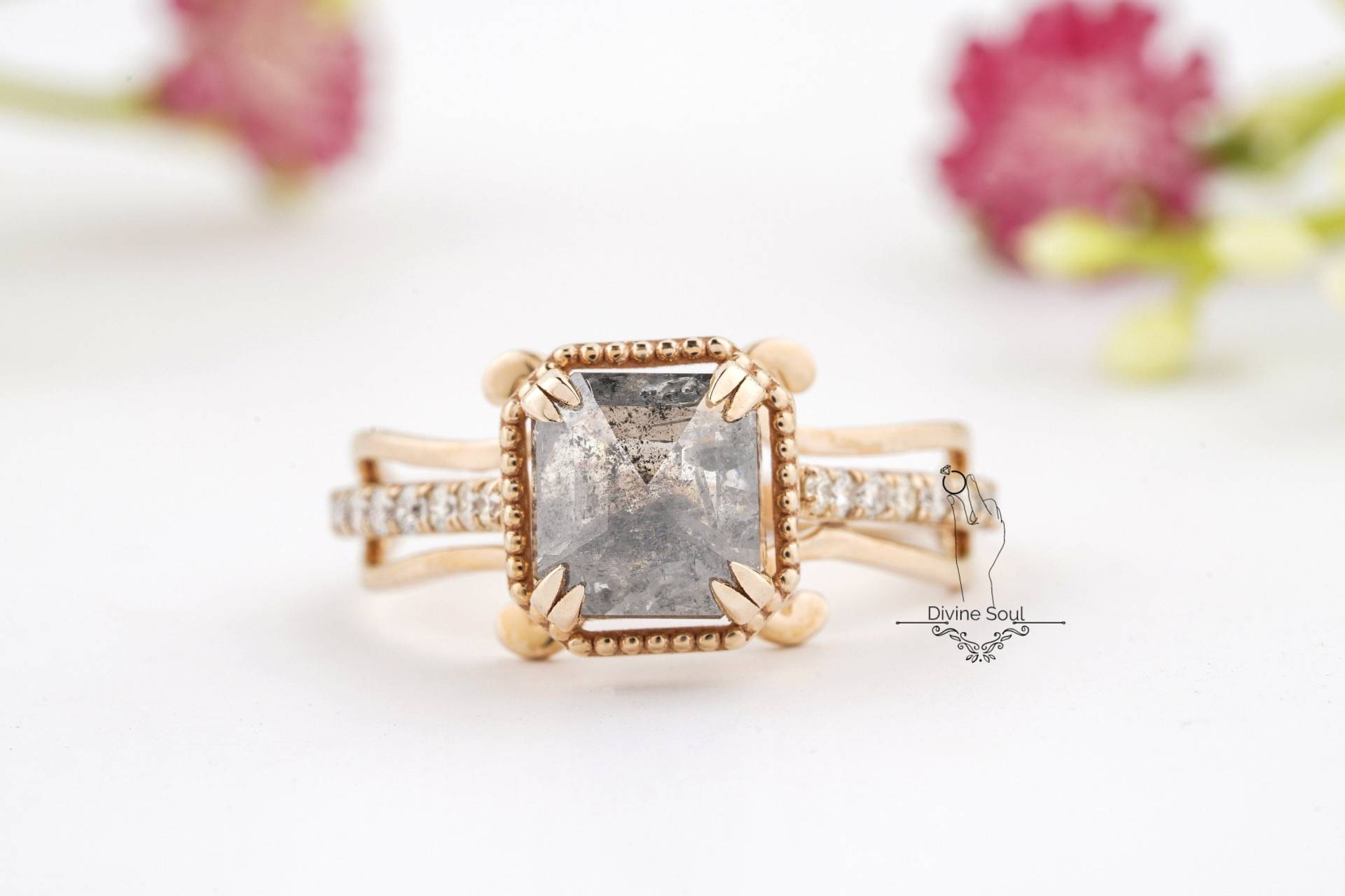 Smaragd Salz Und Pfeffer Diamant Ring | 14Kt Rose Gold Verlobungsring Einzigartige Ehering Vintage Versprechen Antike von TheDivineSoulCo