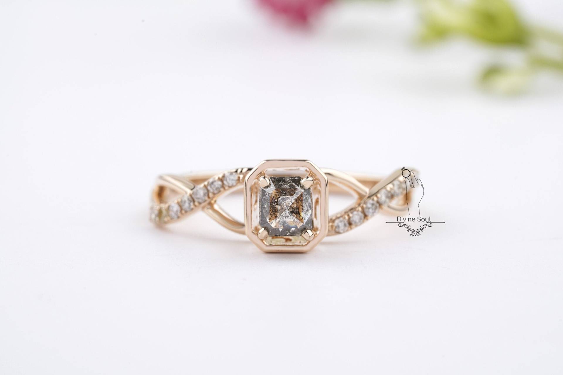 Vintage Versprechen Ring | Salz Und Pfeffer Smaragd Diamant 14Kt Roségold Verlobungsring Einzigartiger Infinity Ehering von TheDivineSoulCo