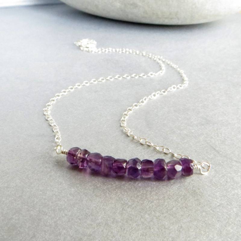 Februar Geburtsstein Halskette, Amethyst Und Sterling Silber Bar Anhänger, Lila Brautjungfer Geschenk von TheDragonflyLane