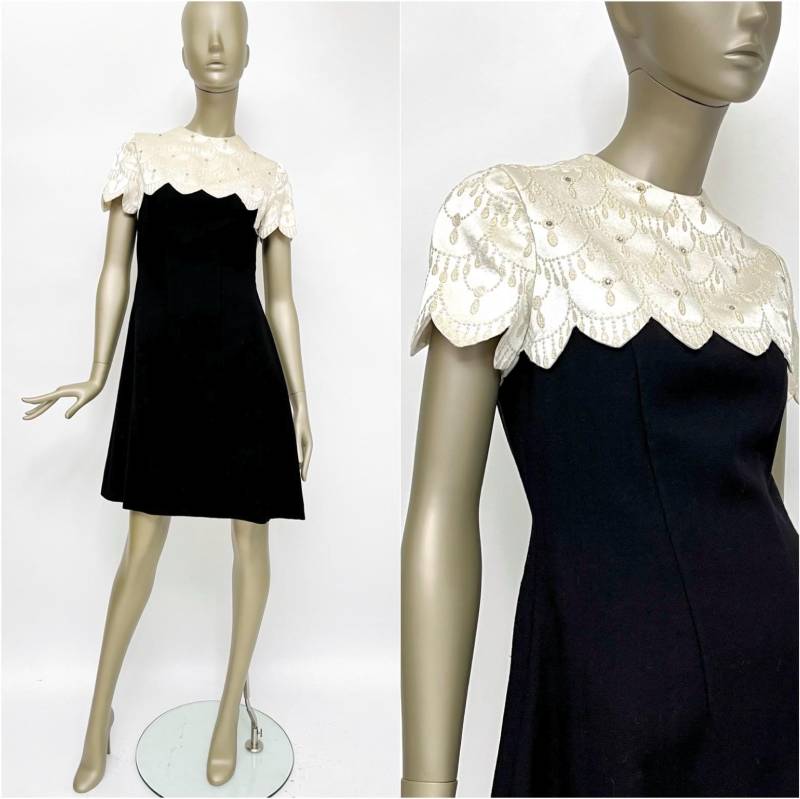 1950Er Kleid Schwarz S, Brokat-Kleid, Gewellter Kragen, Vintage Cocktailkleid Bestickt Abendkleid, Festlich von TheDustyDecades