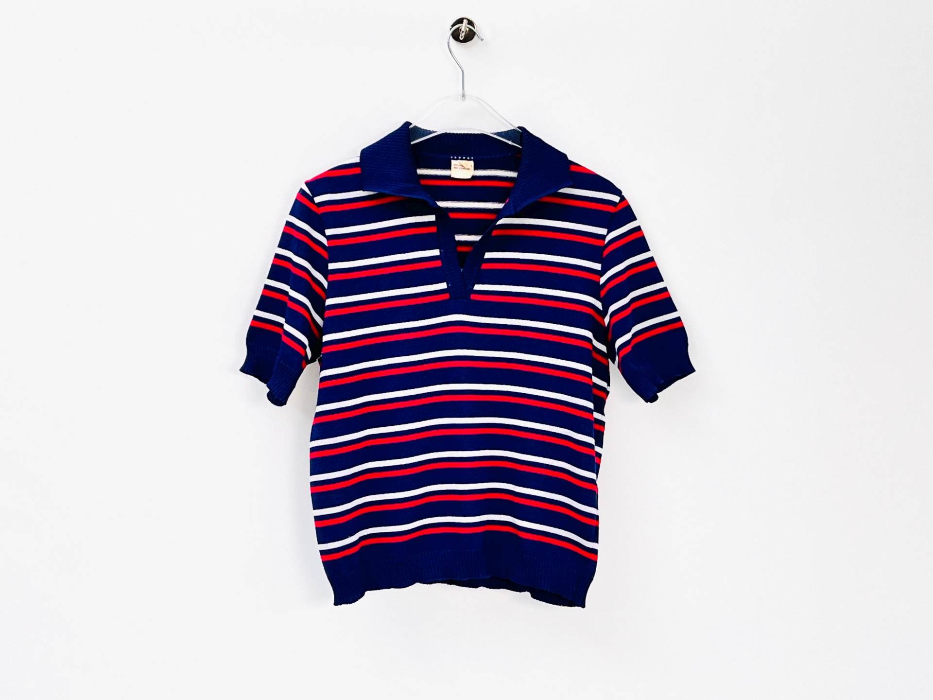 1960Er Pullover Gestreift Polo-Kragen Blau Weiß Rot Viskose Pulli Maritim Damen M L von TheDustyDecades
