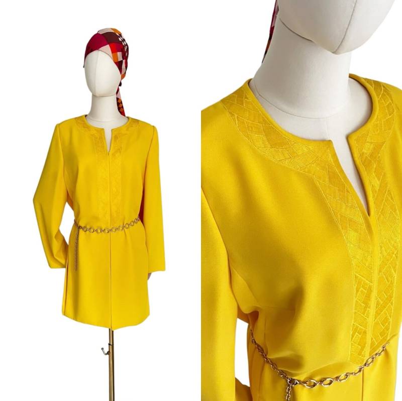 1970Er Tunika Gelb Bestickt Hohe Seitenschlitze/Vintage Elegant Abendrobe Festliches Oberteil Blazer L Xl von TheDustyDecades