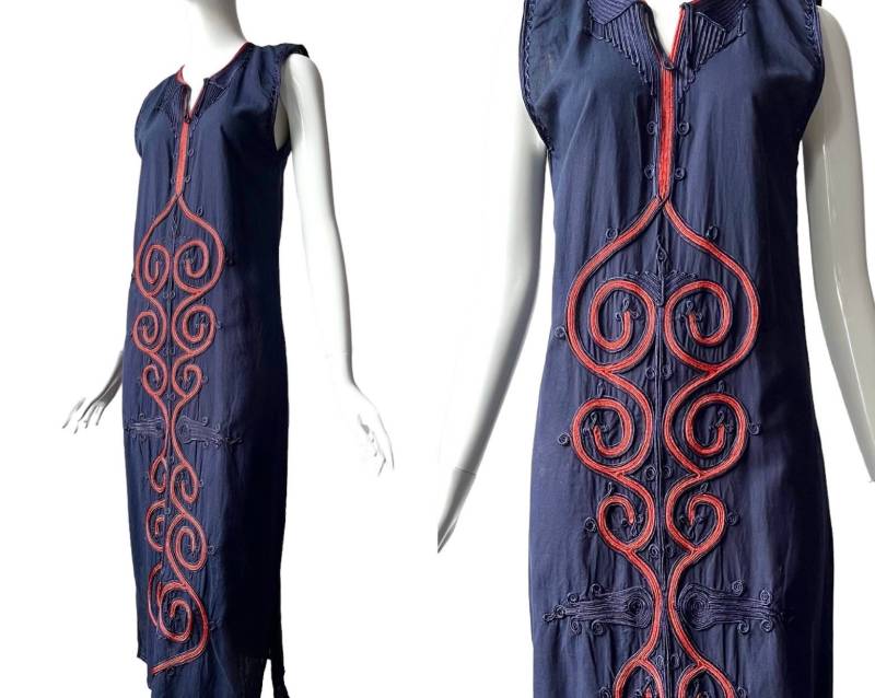 1970S Kleid Boho/Tunika-Kleid Blau Rot 70Er Sommerkleid Schmal Baumwolle Bestickt M Stickmuster von TheDustyDecades