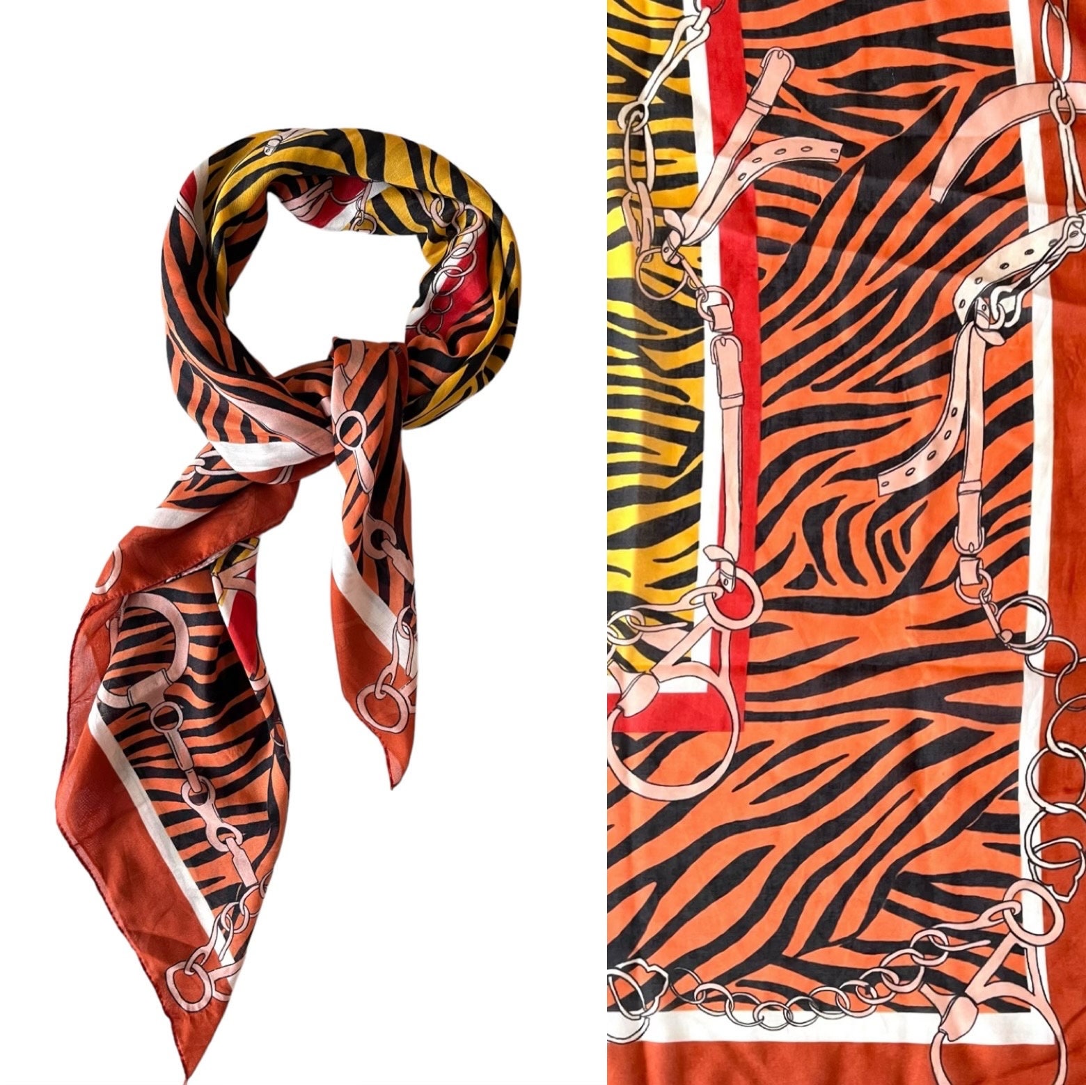 1970S Schal Bunt Seide Xl Tuch Mit Muster Animal Print True Vintage Gürtelmuster Kette Halstuch Seidenschal von TheDustyDecades