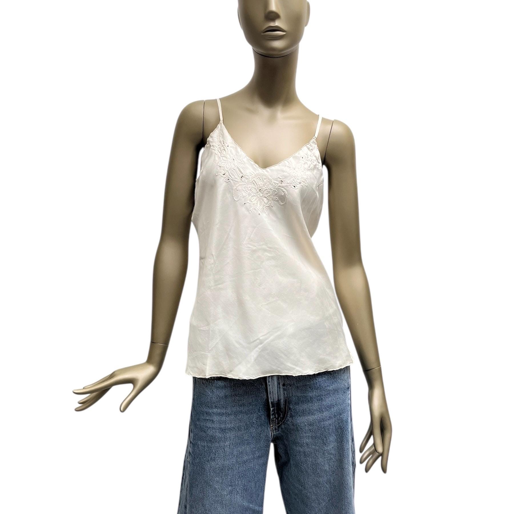 1970S Top 100% Seide Champagner Träger-Hemd Uni Bestickt Stickmuster Dünne Träger von TheDustyDecades