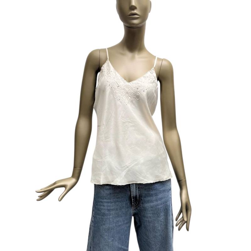 1970S Top 100% Seide Champagner Träger-Hemd Uni Bestickt Stickmuster Dünne Träger von TheDustyDecades