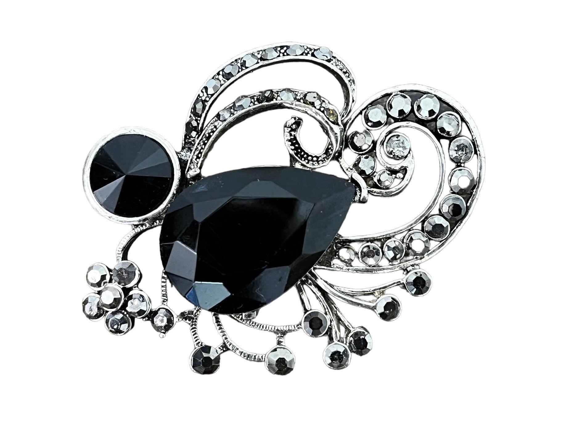 1980S Brosche/Anstecknadel Vintage Modeschmuck Strass Glitzersteine Silber Schwarz 1.2.22-20 von TheDustyDecades