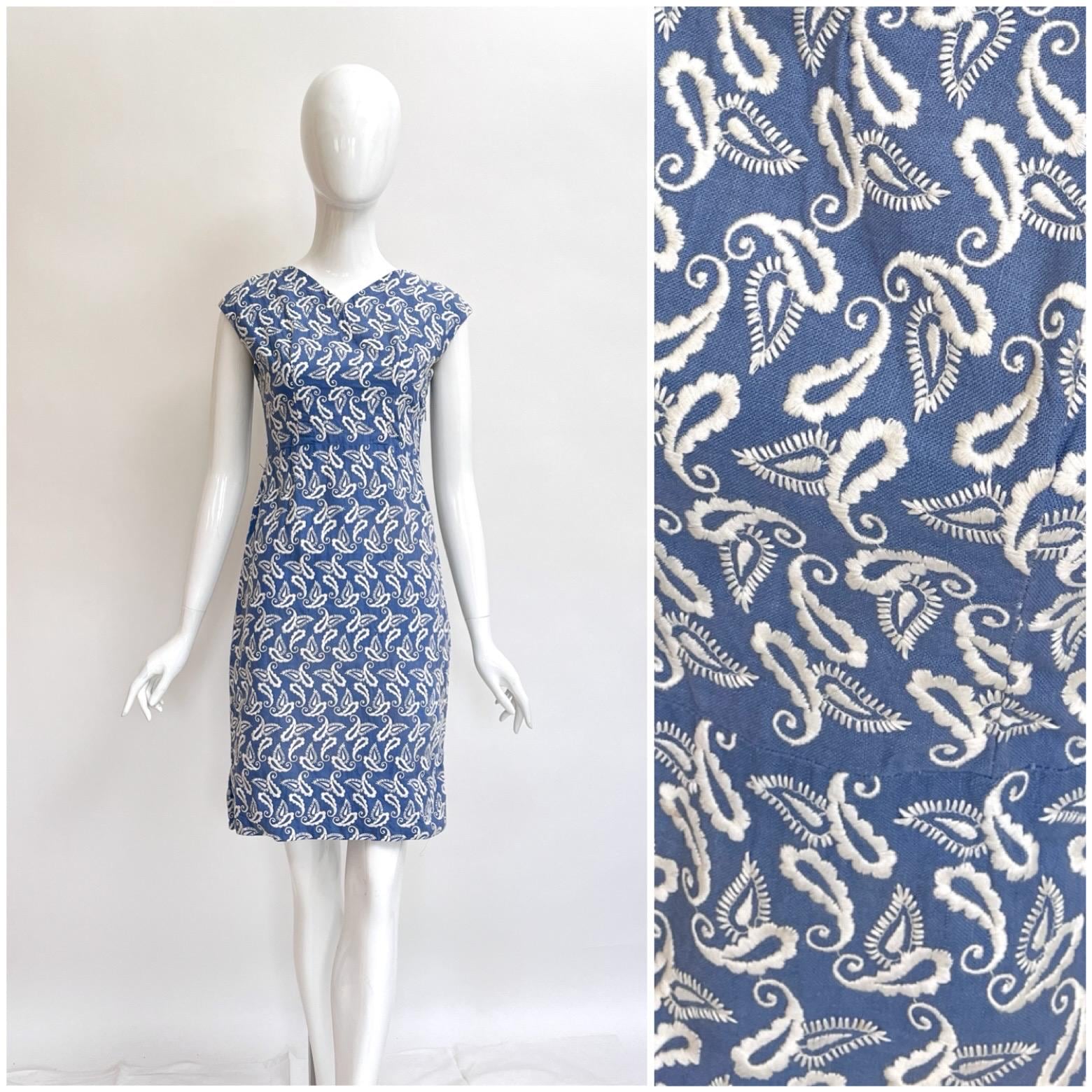 50S Kleid Blau Weiß Paisley Vintage Sommerkleid Mit Muster Baumwolle Damen Größe Xxs Xs von TheDustyDecades