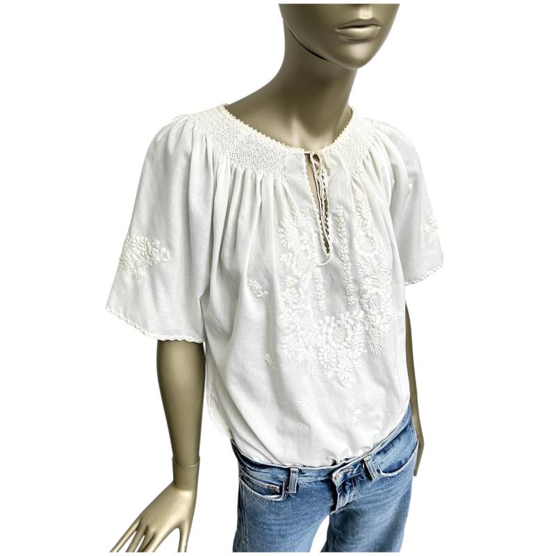 60S Bluse Weiß Bestickt Bohemien Tunika Hippie Stickmuster Vintage Damen Hemd von TheDustyDecades