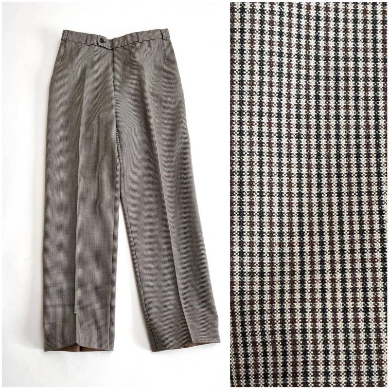 60S Herren Hose Kariert Braun Grau Elastisch True Vintage Männerhose Kleines Karomuster Schurwolle Small von TheDustyDecades