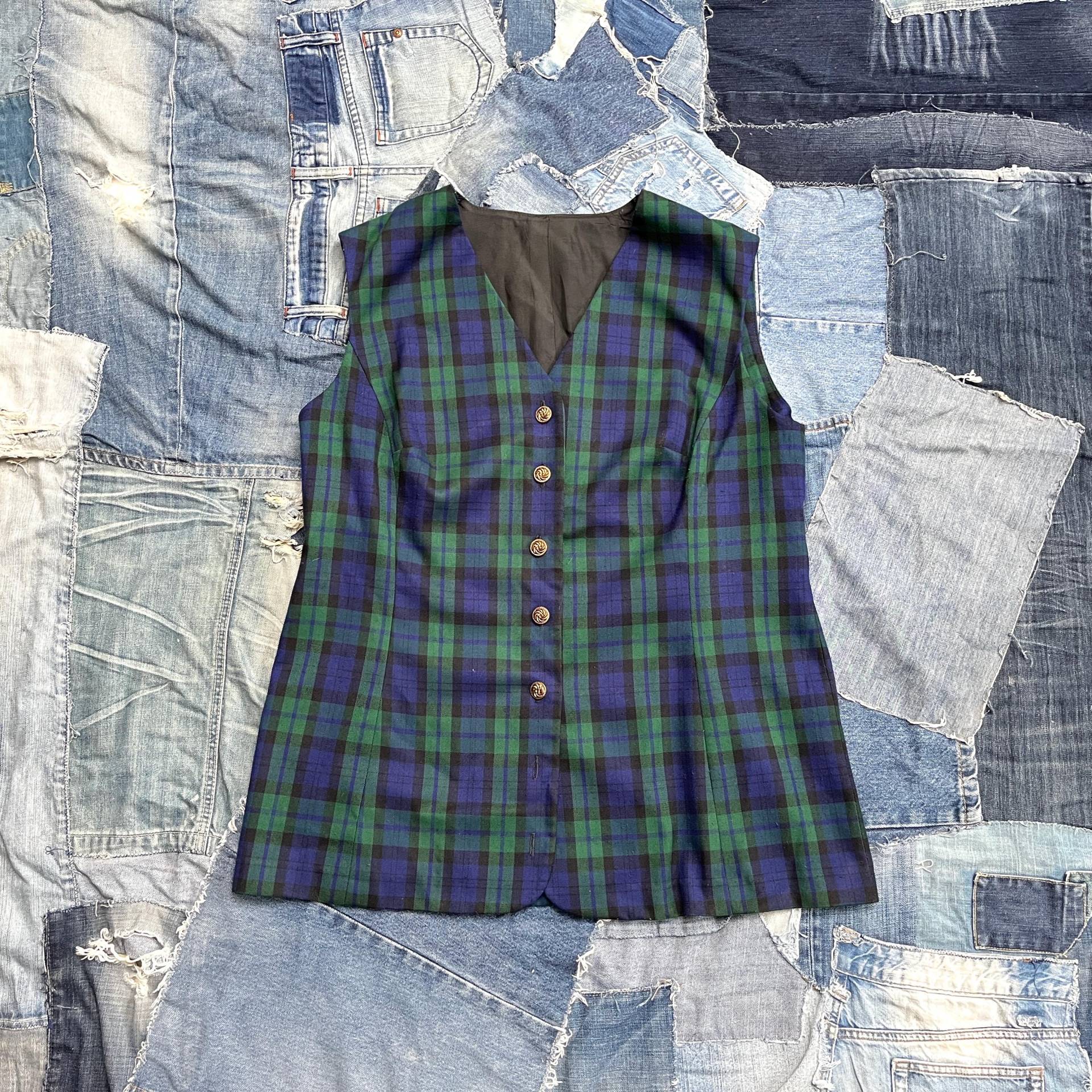 60S Weste Lang Kariert Blau Grün Mod Long-Top Frauen Schurwolle von TheDustyDecades