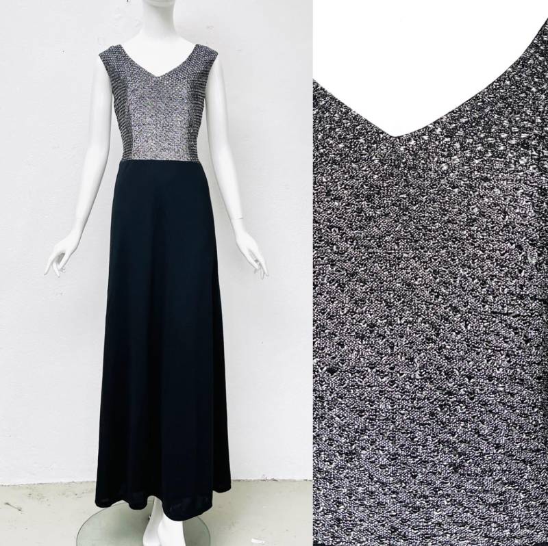 70Er Abendkleid Schwarz Silber Glitzer Vintage Maxikleid Festlich Party Langes Trägerkleid Lurex M von TheDustyDecades