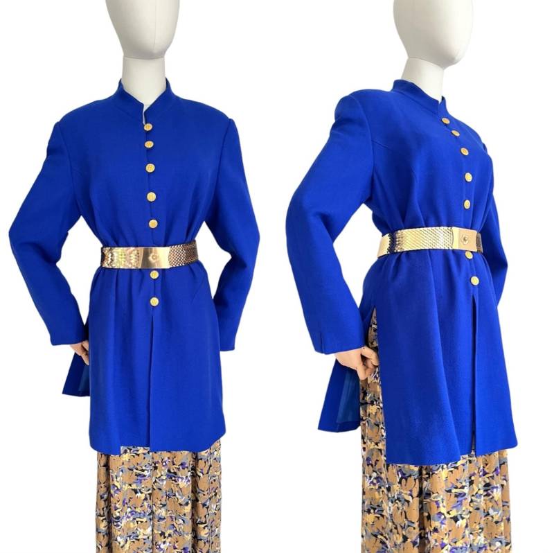 70Er Blazer Blau Goldknöpfe Hohe Seitenschlitze/Damen Jacke Uni Struktur Long True Vintage Stehkragen L von TheDustyDecades
