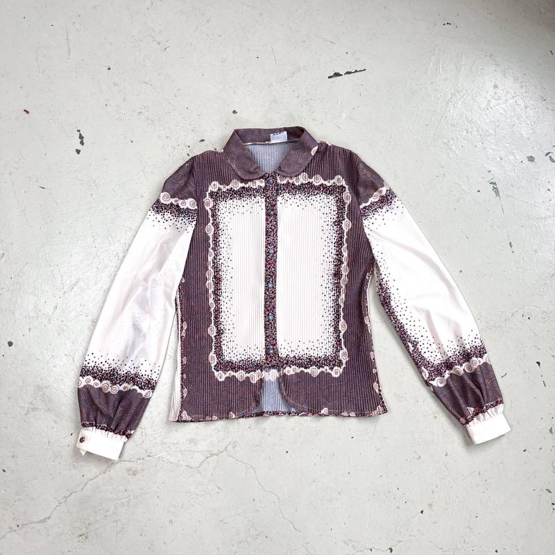 70Er Bluse Beige Braun Kugelknöpfe Kurz True Vintage Hemd Mit Muster Kurzbluse S, M von TheDustyDecades