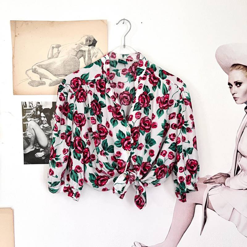 70Er Bluse Rosenmuster/Weite Ärmel Stehkragen Hemd Damen Viskose L Geblümt von TheDustyDecades