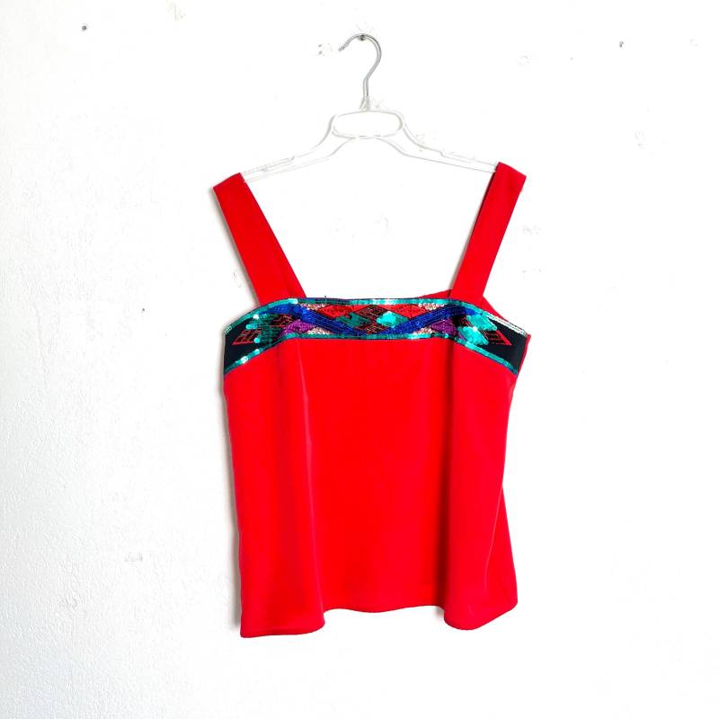 70Er Top Rot Paletten Perlen, True Vintage Abend Top, Disco, Party, Damen M von TheDustyDecades