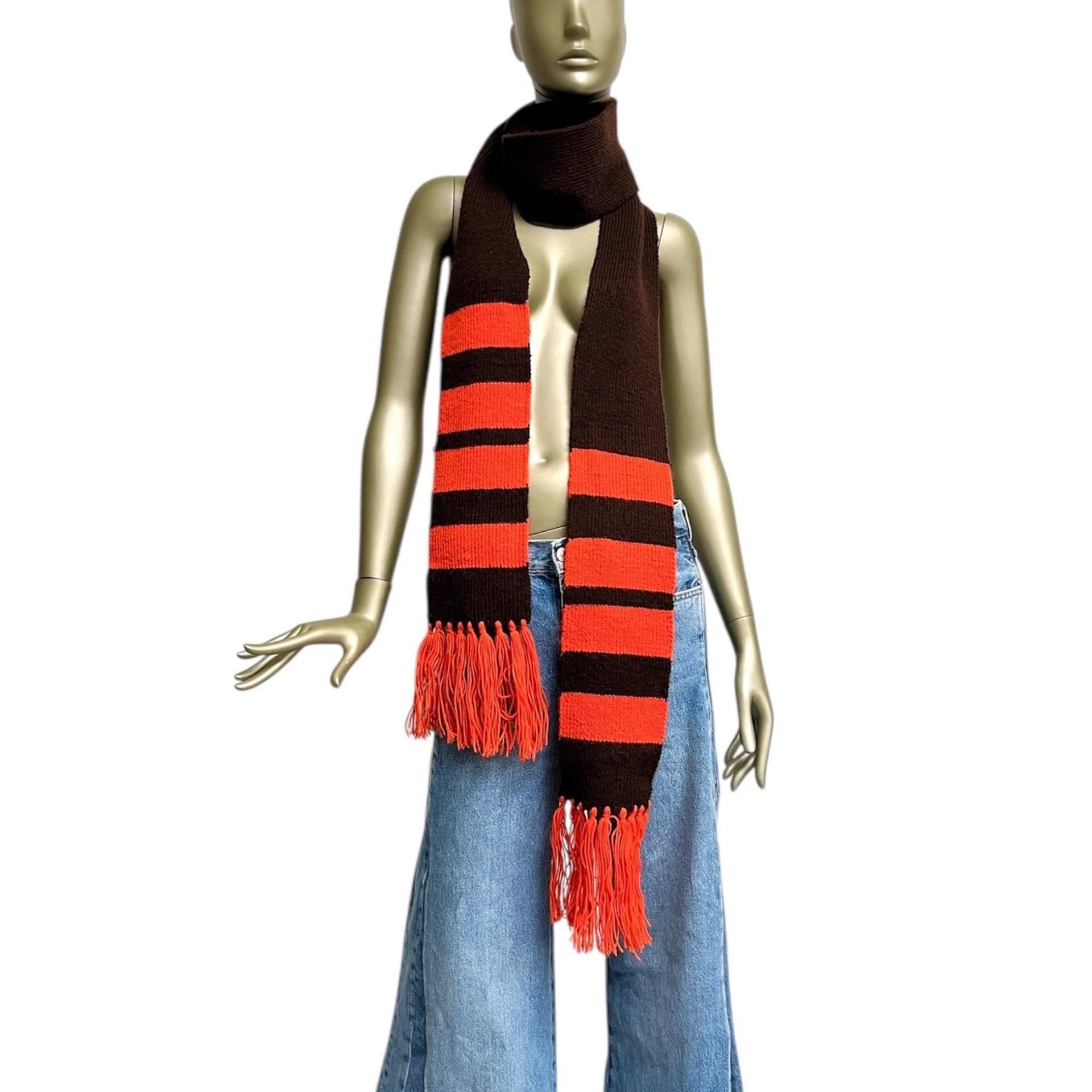 70Er Fransenschal Braun Orange Xxl Strick-Schal Mit Fransen Unisex Vintage Wollschal von TheDustyDecades