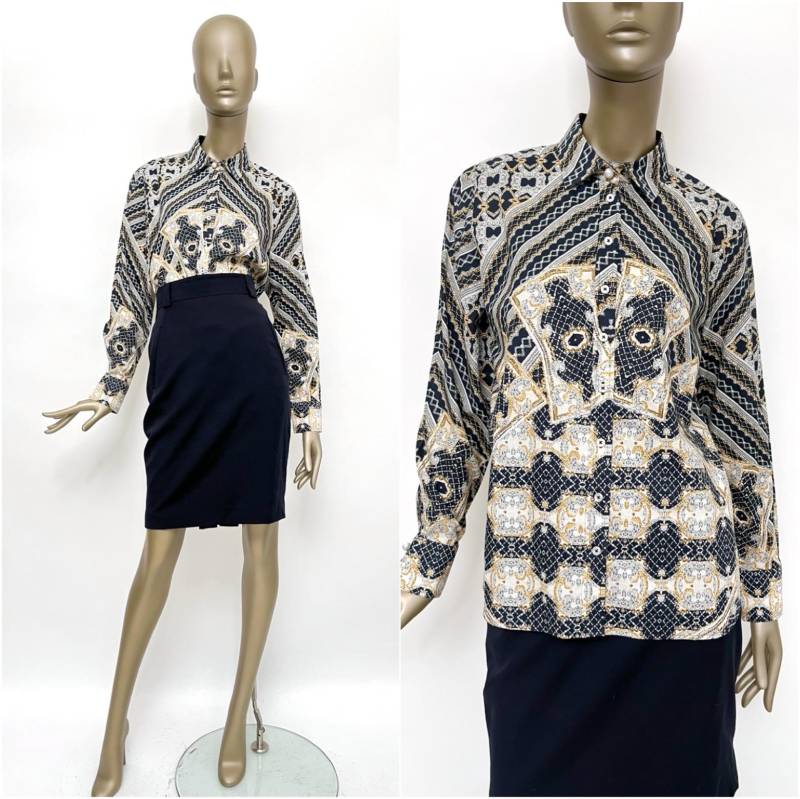 70Er Hemd Crazy Pattern Muster Vintage Bluse Baumwolle Damen Perlen-Knöpfe von TheDustyDecades
