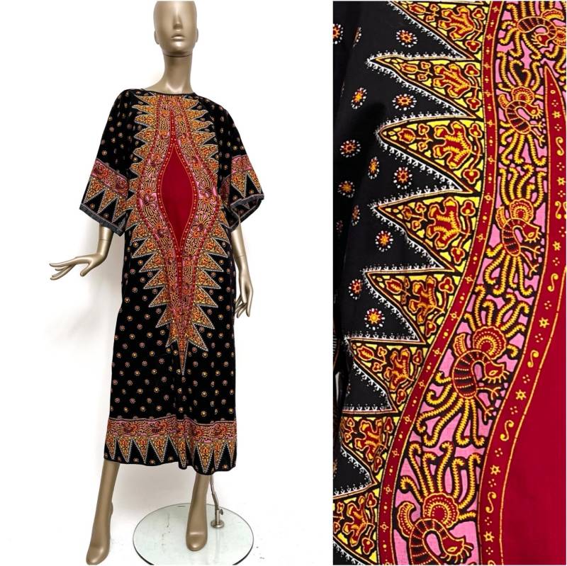 70Er Kaftan-Kleid Bunt Vintage Oversize Kleid Baumwolle Urlaub Outfit Strandkleid Psychedelisch Boho von TheDustyDecades